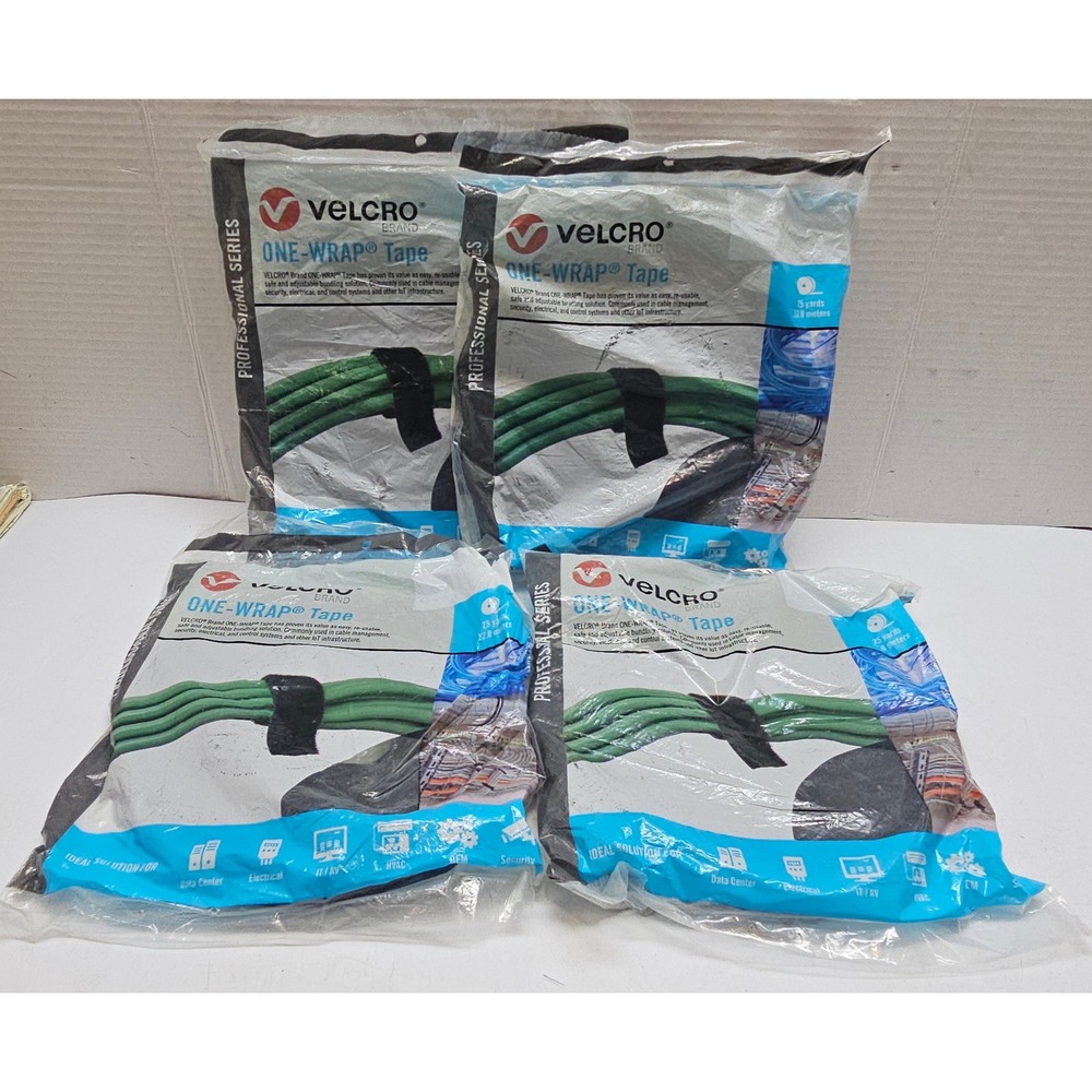 4 Pack Velcro Brand One-Wrap Tape 3/4" x 25 Yards Black Professional Series